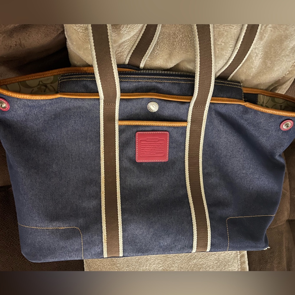 Coach Denim Tote natural /red leather accents